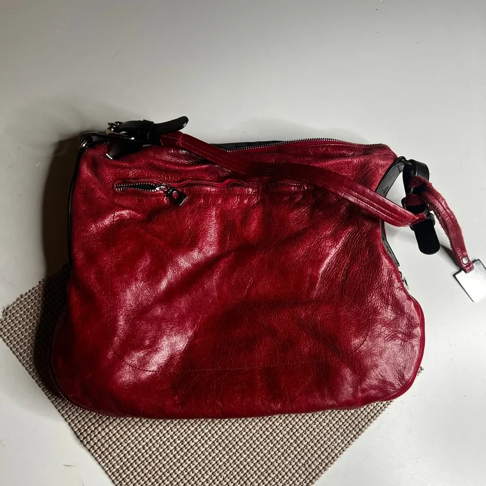 Rudsak Red Pebbled Leather Hobo Shoulder Bag Slouchy Zip Top Silver Hardware